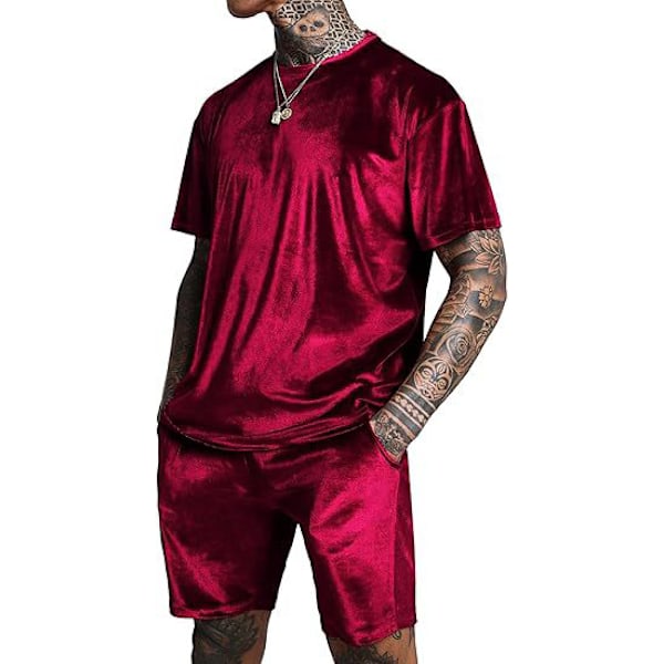 Män Velour Skjorta Pullover Shorts 2-Delad Outfit Spårkostym Red M