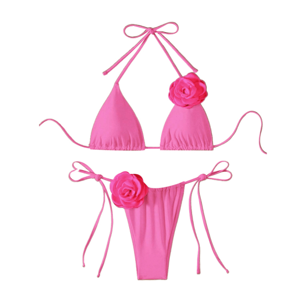 Damer 2-delad 3D Rose Bikini Baddräkt med hög midja Baddräkt Strandkläder pink M