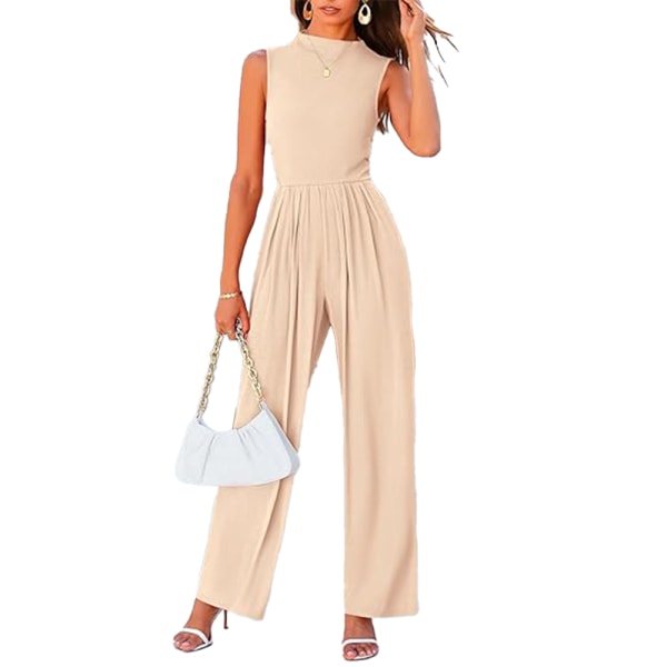 Sommarjumpsuit för kvinnor, elegant och avslappnad, endelskläder, ärmlös beige L