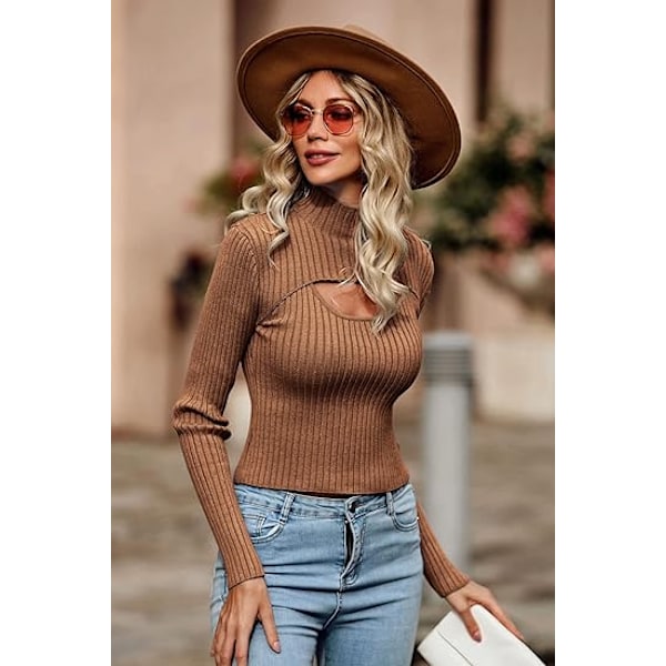 Dam 2-delad Utskuret Topp Långärmad Mock Neck Ribbstickad Vintertröja Brown M