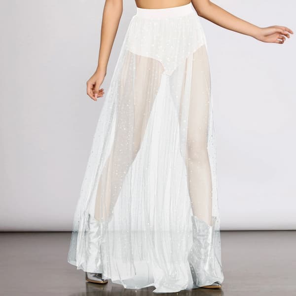 Kvindes Sheer Mesh Glitter Sequin Party Maxi Skjørt White L