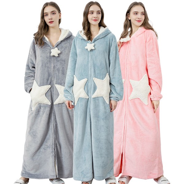 Kvinnor Fleece Housecoat Dragkedja Robe Grey L