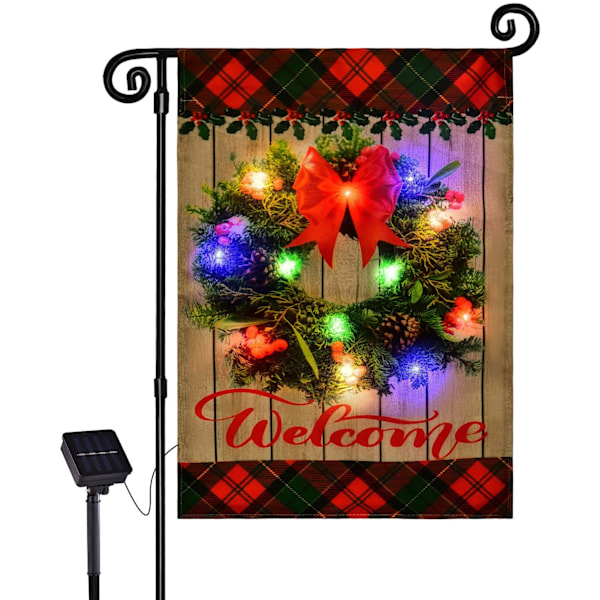 Joulupukki-tonttu pellavainen puutarhalippu valoilla - Aurinkokenno LED-lippu Style 7