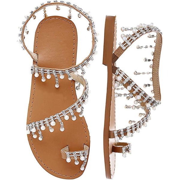 Bröllopssandaler Rhinestone Pearl Bling Flat Sandaler 35