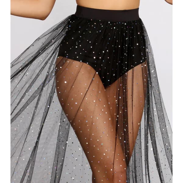 Kvindes Sheer Mesh Glitter Sequin Party Maxi Skjørt Black M