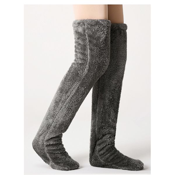 Mysiga Sockor, Knähöga Toffelsockor, Damvinterstrumpor Över Knäet, Fuzzy Långa Strumpor Dark Grey