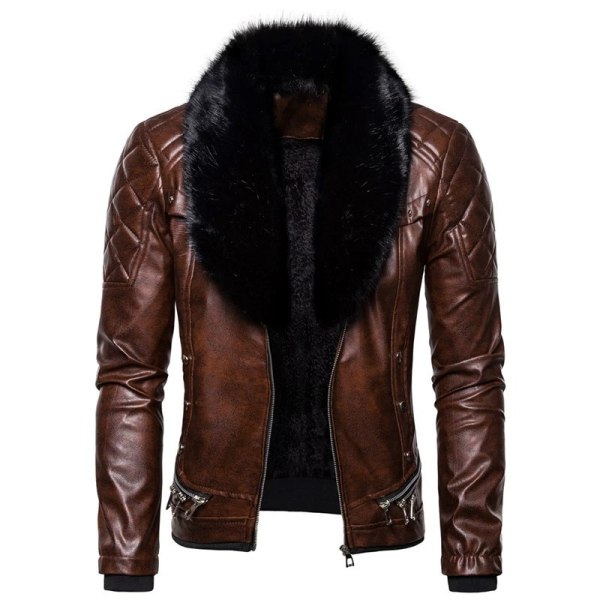 Herrar Zippade Avtagbar Pälskrage Jacka, Läder Vintage Steam Punk Retro Rockjacka Brown XL