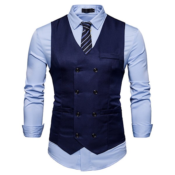 Väst för herr, dubbelknäppt, V-ringad, smal passform, formell bröllopsklänning Navy Blue M