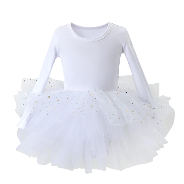 Pige Ballerina Tutu Leotard med Lange Ærmer og Glimmer White S