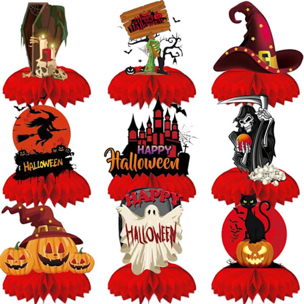 9 st honeycomb-dekorationer för Halloweenfest Red
