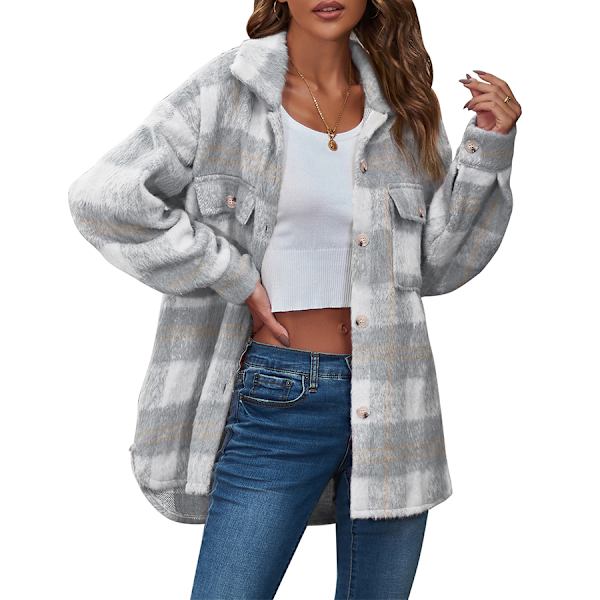 Dametøj Langærmet Casual Plaid Shacket Jakker Skjorter Lapel Tweed Peacoat Grey S