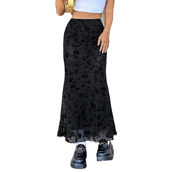 Lettuce Trim Høy Midje Mesh Fishtail Bodycon Langt Skjørt for Kvinner black M