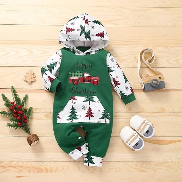 Nyfödda baby babykläder jultomten utskrift Romper Hooded långärmad Jumpsuit Green 100