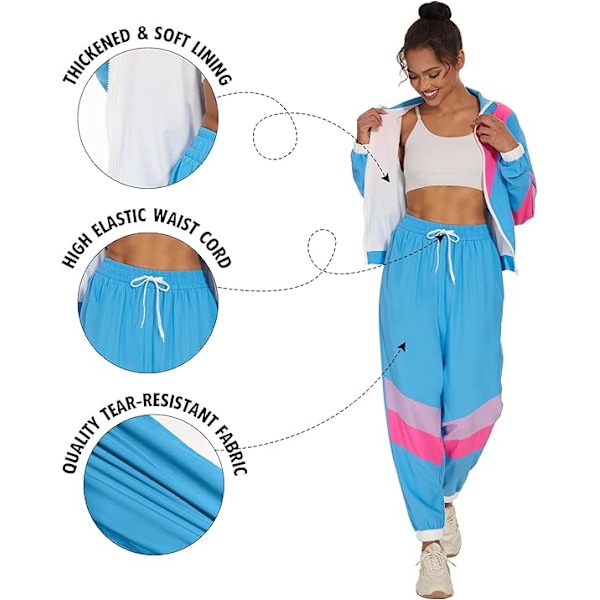 Färgglad 2-delad vindjacka för damer, långärmad crop top med dragkedja fram och träningsset Pink S