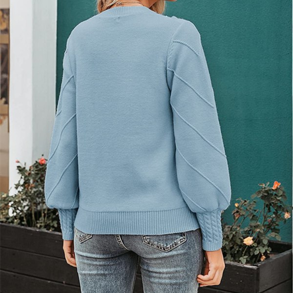 Strikket genser for kvinner med pompom og lange lantern-ermer Blue XL