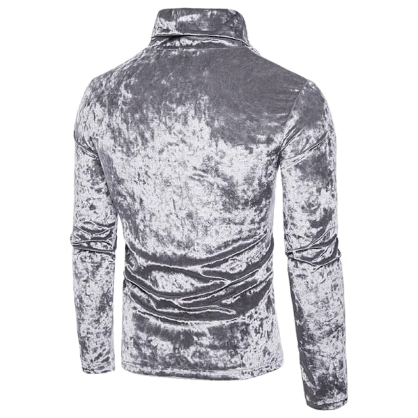 Herrar Sammet Långärmad Skjorta Turtleneck Slim Fit Topp Silver L