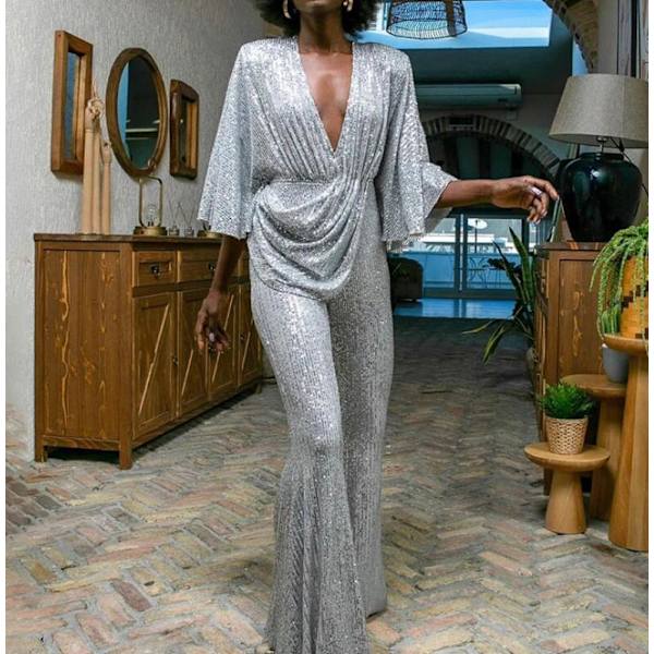 Sexy Jumpsuit til Kvinder med Paljetter, Dyb V-Udsnit og Stropper M