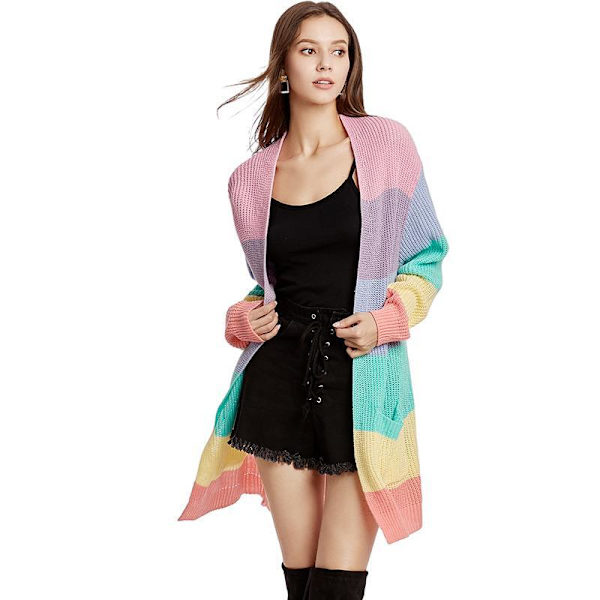 Dame Lang Pastel Strikket Regnbue Stribet Farveblok Cardigan Trøje S