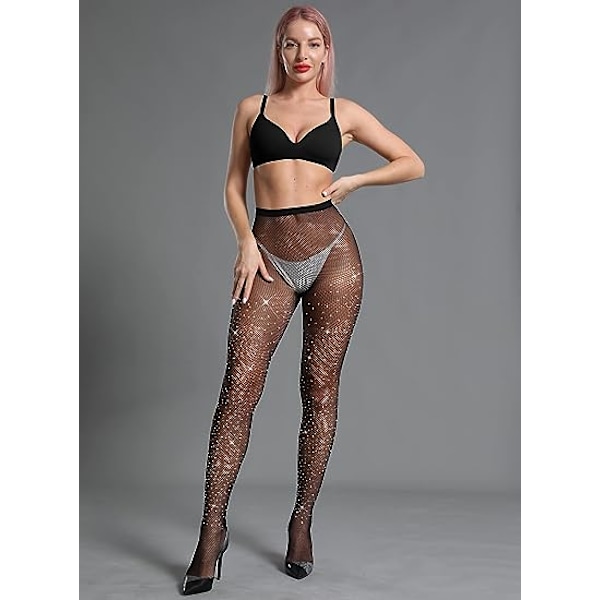 Kvinders Glimmer Rhinestone Fiskenetstrømper Black