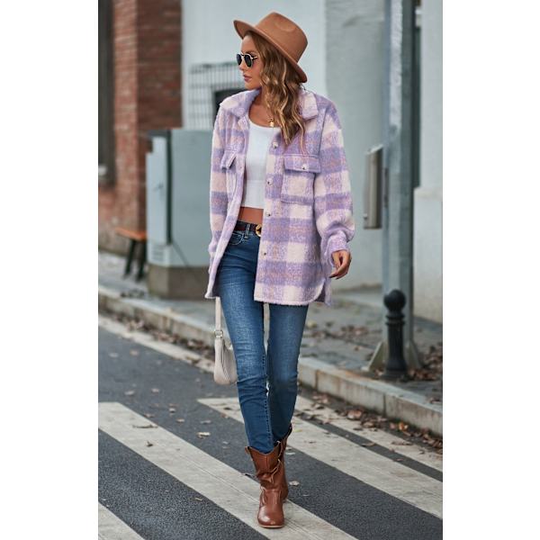 Dametøj Langærmet Casual Plaid Shacket Jakker Skjorter Lapel Tweed Peacoat Purple M