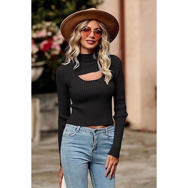 Dam 2-delad Utskuret Topp Långärmad Mock Neck Ribbstickad Vintertröja Black M