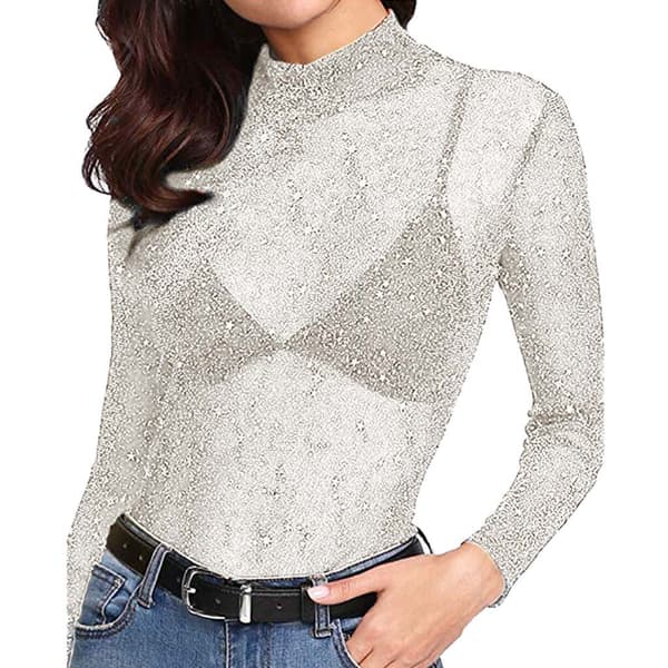 Kvinnors långärmade kort glitter skira mesh toppar White M