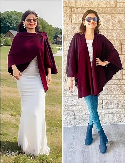 Korsfront Poncho Genser Wrap Topp Strikket Sjal Pulple
