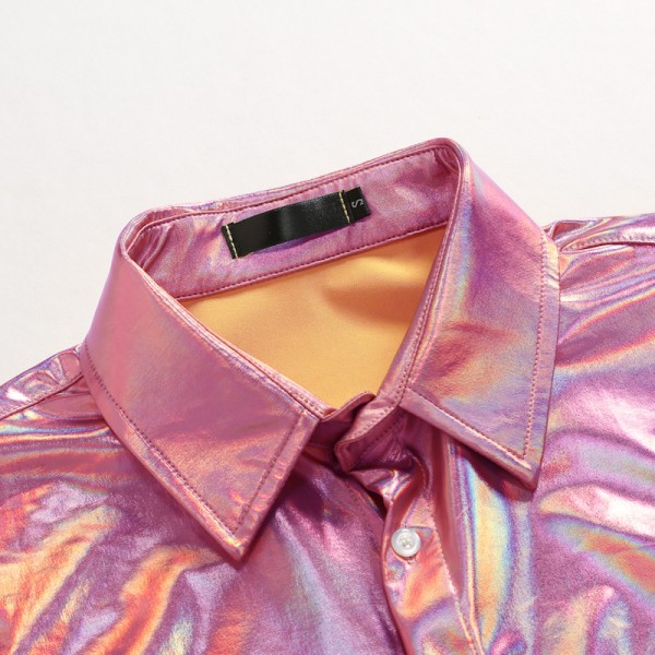 Mænds Metallic Disco Skinnende Slim Fit Langærmet Knapløs Natklubskjorte Pink XL