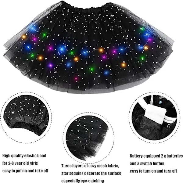 Jente LED-skjørt Lysende Tutus Glødende Tyll Danseskjørt Black