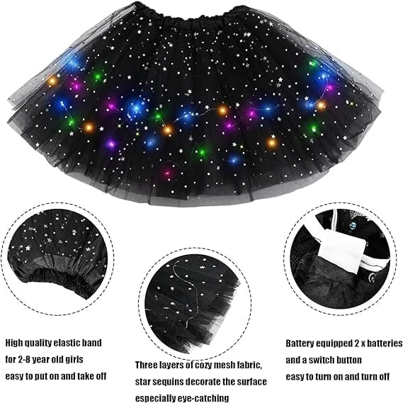 Piges LED-Skørt Lysende Tutu Glød Tulle Danseskørter Black