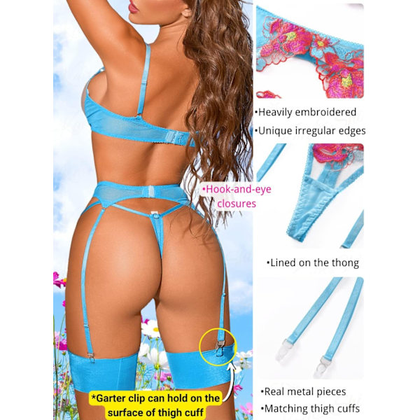 Blomsterbroderet, Underwire, G-String, Strømpebånd, 4 Dele Lingeri Blue M