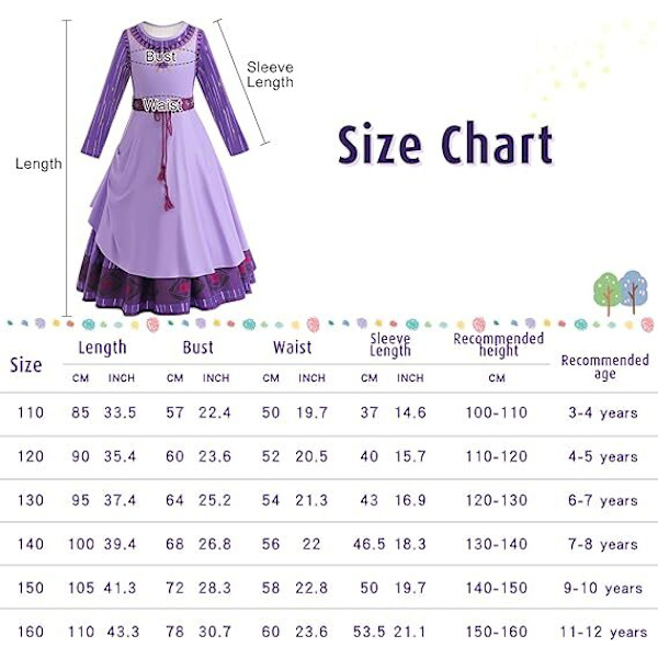 Wish Asha -mekko tytöille, prinsessapuku, lasten naamiaisasu 140