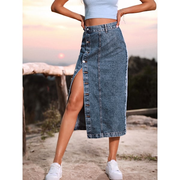 Dame Casual Slitt Denim Midi Jeansskjørt dark blue XS