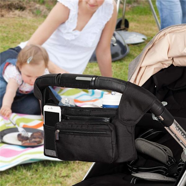 Universal Stroller Organizer med Isolerte Koppbærere og Avtakbar Telefonveske black