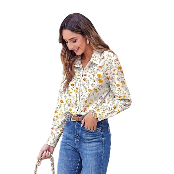 Dam Skjortor med Knappar Blommig Tryck Långärmad Vardaglig Topp Yellow M