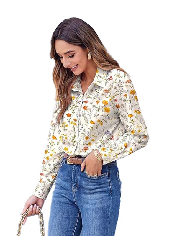 Dam Skjortor med Knappar Blommig Tryck Långärmad Vardaglig Topp Yellow S