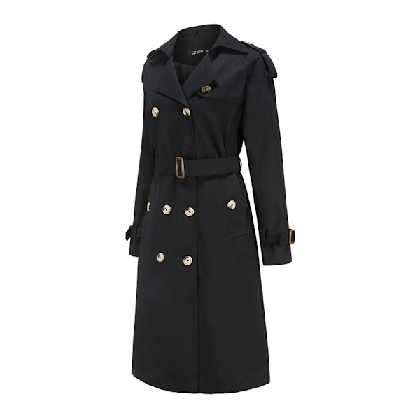 Kvinnors Trenchcoat Lång Dubbelknäppt Höstmode Klassisk Krage Slank Överrock Black M