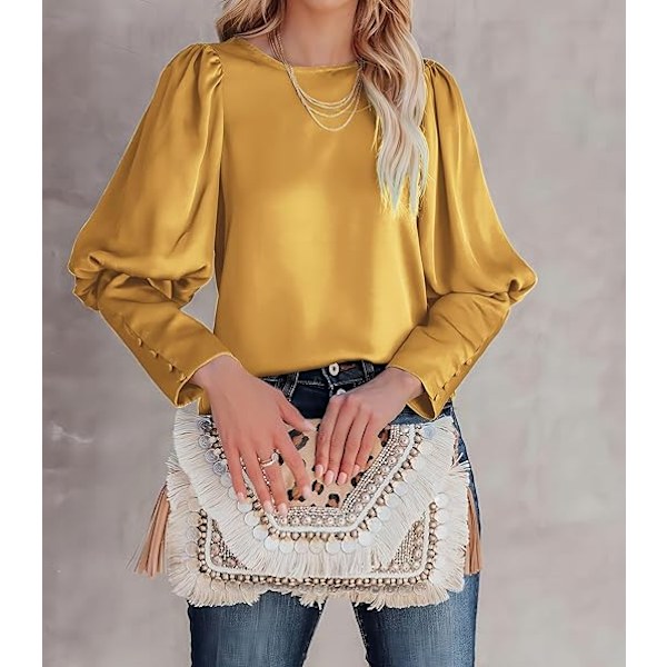 Satinbluse med Puff-ermer for kvinner - Avslappet og løs topp Yellow M