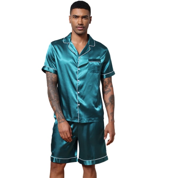 Mænds Satin Pyjamasæt 2 Dele Loungewear Knapliste Pjs Sæt green M