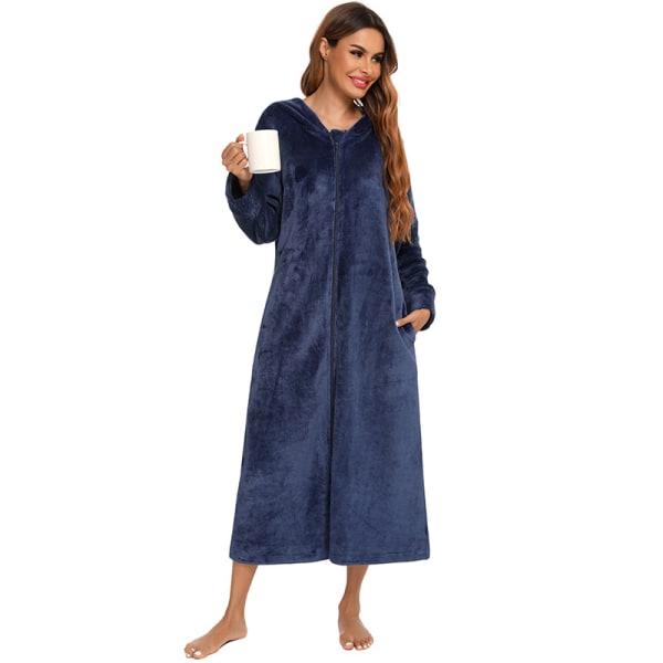 Kvinners Zip Up Robe Sweatshirt Robe Lang Hetterobe Blue L