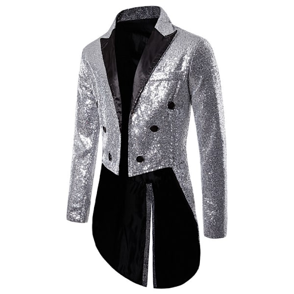 Mænds Sequin Smokingjakke Haler Slim Fit Frakke Kjole Silver S