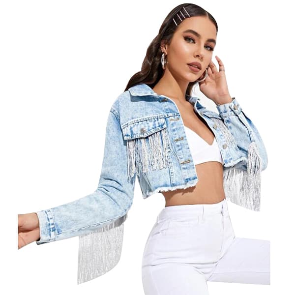 Damfransar långärmad Crop jeansjacka light blue L