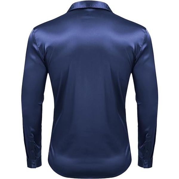 Herrar Silke Satin Långärmad Klänningsskjorta Blank Casual Knapp-Ner Skjorta Navy S