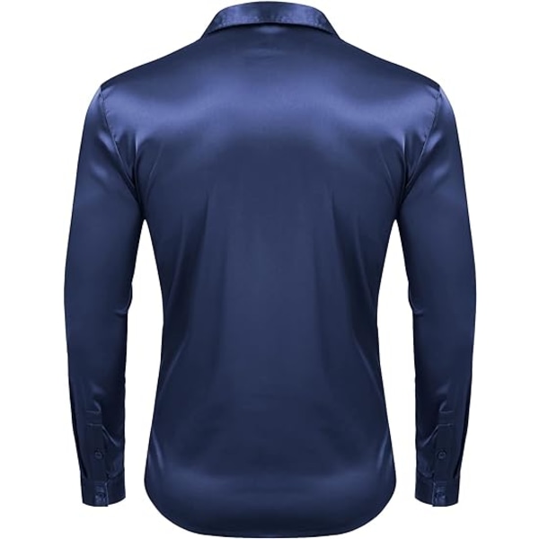 Menn Silke Satin Langærmet Skjorte Skinnende Avslappet Knappeskjorte Navy XL