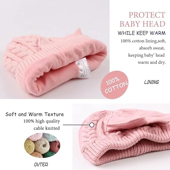 Varm stickad mössa med rosett för flickor, vinter Pink