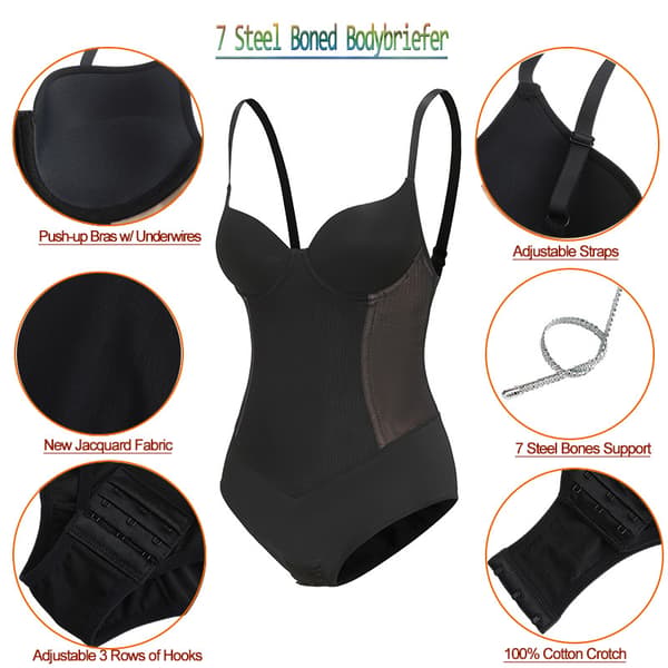 7 Stålben Hög Kompression Kroppsshaper Butt Lifter Bodysuit för Kvinnor Black S