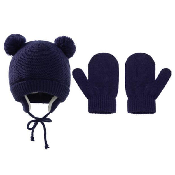 Barn vinter stickade mössa handskar set navy blue