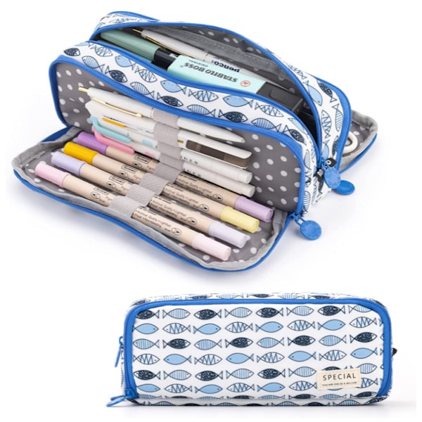 Case Stor kapacitet 3 fack Canvas pennfodral blue