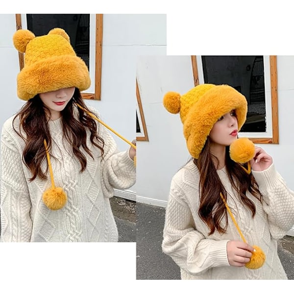 Dames Vinter Fluffy Knit Beanie Yellow