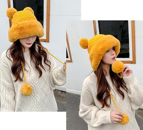 Vinterlue med fluffy strikk for kvinner Yellow